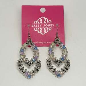 Sassy Jones Malia Glass Dangle Unicorn Rhinestone Silver Tone Hook Drop Earrings